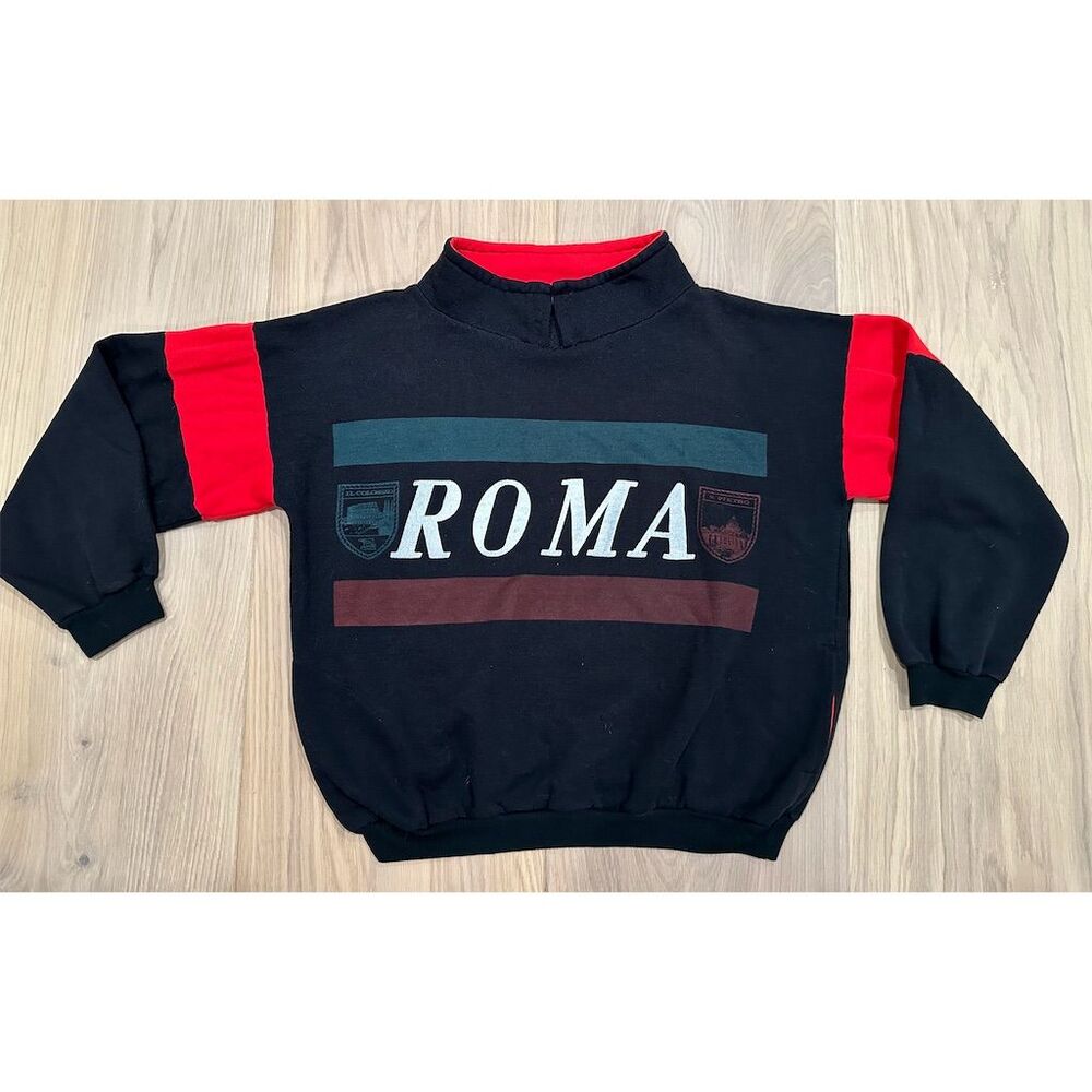 Vintage Roma Italia Graphic Print Black Pullover Sweatshirt M Pockets!! 70s/80s